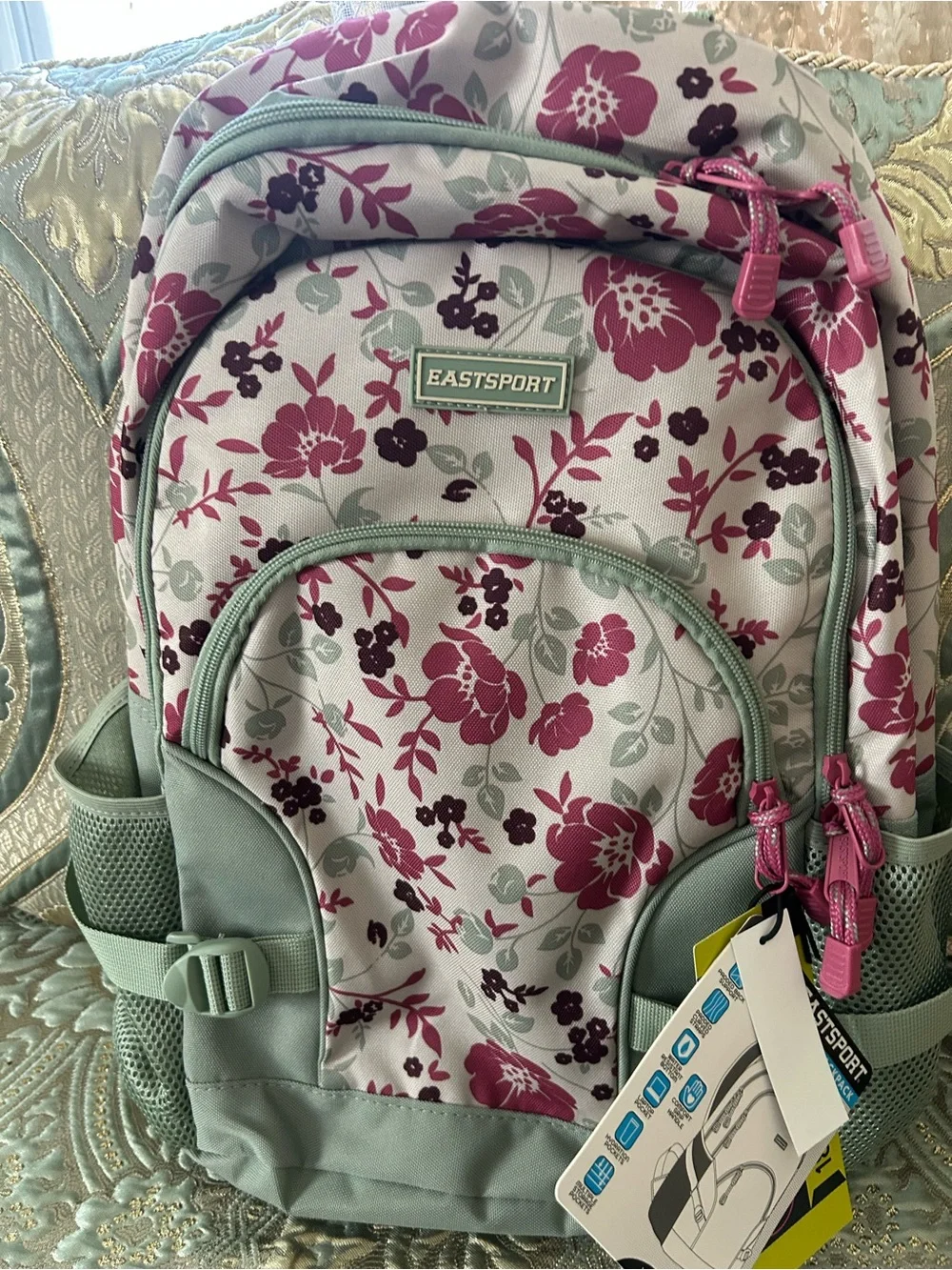 Eastsport Mint Floral Women's Backpack with Pink Accents